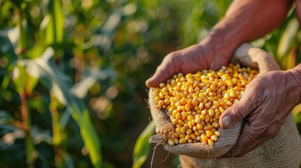 Farmer holding corn kernels in burlap sack, field background, harvest
