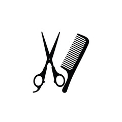 Comb and scissors silhouette on white background