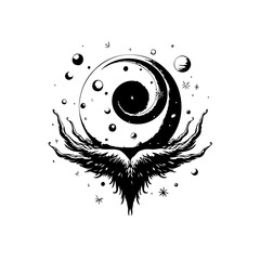 Celestial entity: A mesmerizing depiction of mythical moon and winged guardian