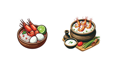 Chingri polao, pad thai, shrimp lo mein, ebi yakisoba vector,rice,Prawn in coconut milk vector