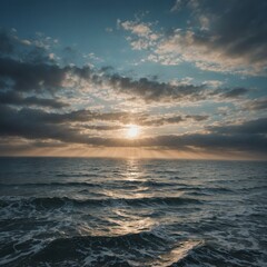 Golden sunlight painted the ocean horizon during a beautiful sea sunset