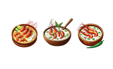 pad thai, shrimp lo mein, ebi yakisoba vector,rice,Prawn in coconut milk vector