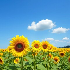 Fototapeta premium A vibrant sunflower field under a clear blue sky, capturing the beauty of golden blossoms basking in bright sunlight, symbolizing warmth and positivity.