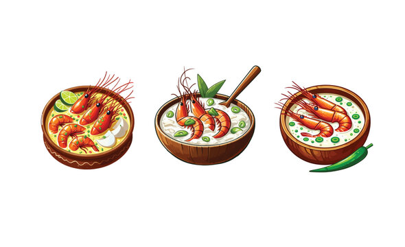 pad thai, shrimp lo mein, ebi yakisoba vector,rice,Prawn in coconut milk vector