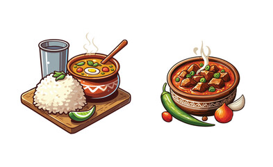  rice,Beef Curry ,lentil curry vector traditional food