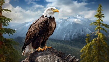 Large eagle stands tall on a tree trunk and large rocks, with a backdrop of stunning waterfalls, and a well-preserved tropical rainforest ecosystem