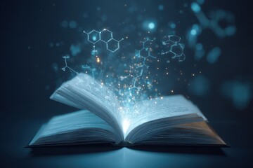 Open digital book with glowing particles floating around it, representing learning and knowledge.