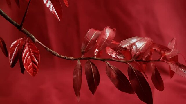 Elegant monotone studio shot of a branch with red leaves against a red drape backdrop creating abstract botanical aesthetic.