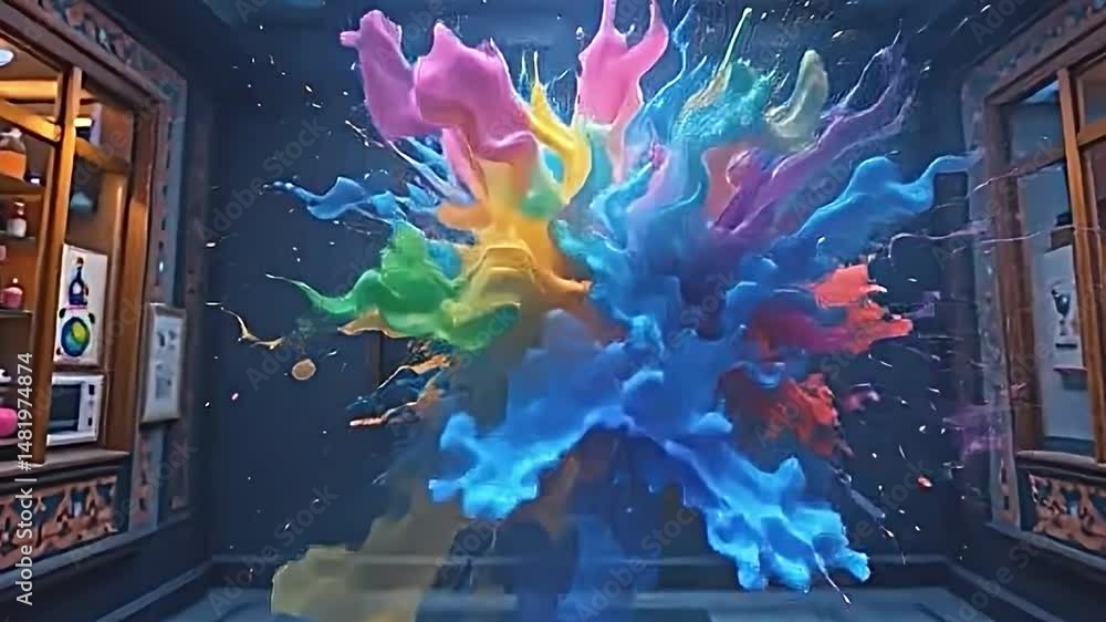 Poster vibrant explosion of colors bursting outward resembling dynamic energetic explosion. vivid spectrum 