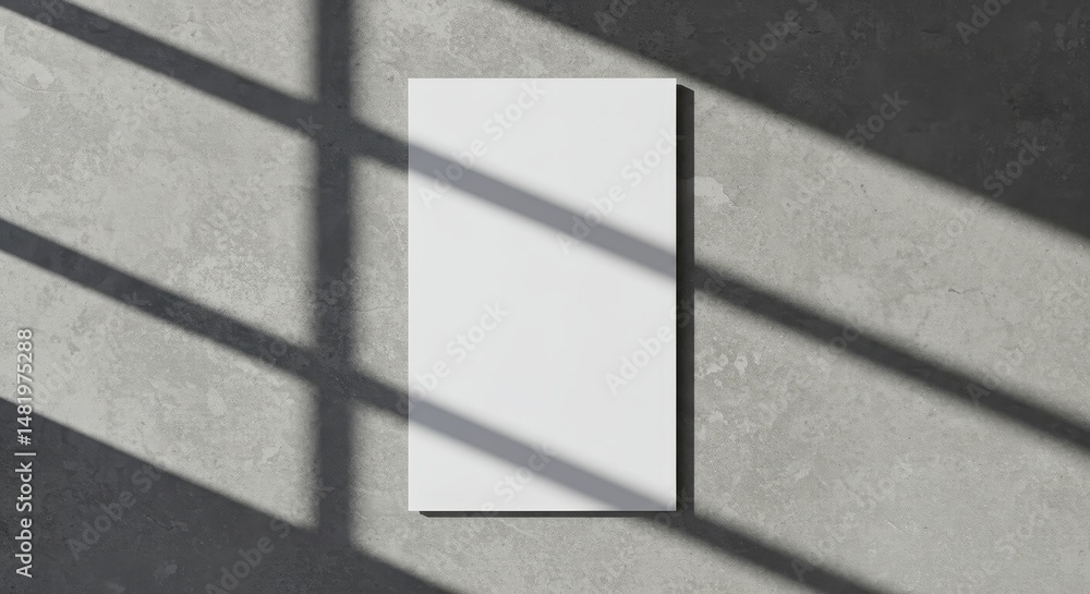 Poster blank white paper sheet 3d render mockup on concrete floor with window shadow background