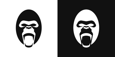 Screaming gorilla head logo in negative space ellipse. Primal strength symbol for gym or fitness brand.