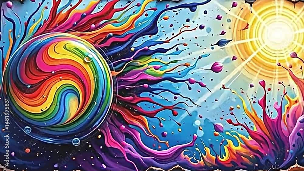 Poster vibrant surreal scene large colorful sphere center surrounded swirling multicolored splashes that ex
