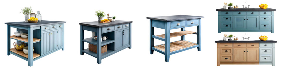 Charming, modern kitchen islands featuring a mix of blue and natural wood tones, ideal for open-concept spaces, enhancing functionality, style, and organization in home interiors