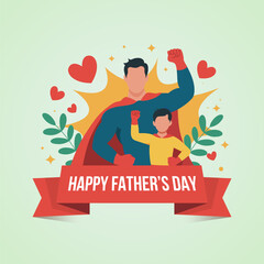 Father's Day concept illustration, Father and son wearing superhero costumes flat vector illustration