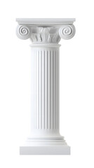 Ancient greek Classical white column with intricate Ionic isolated on white background