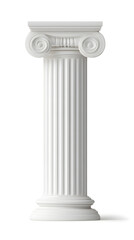 Ancient greek Classical white column with intricate Ionic isolated on white background