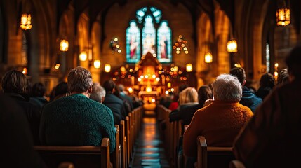 Congregation assembled within a grand church interior.