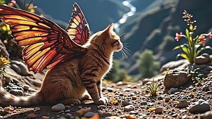 whimsical scene where cat striking orange fur pair of majestic wings perched rocky terrain. background showcases serene landscape lush greenery winding river bathed soft sunlight. cat's fur... - Powered by Adobe
