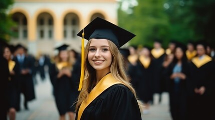 A young woman in a graduation cap and gown standing in front of a blurred crowd of graduates.