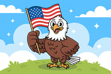Patriotic Cartoon Eagle Holding American Flag