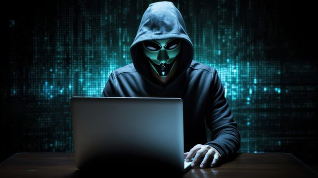 A hacker wearing a green mask and hood, using a laptop in a dark, digital setting with blue and green pixelated patterns. - Powered by Adobe