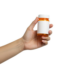Hand holding a white bottle of pills, a closeup of medication for health care, cutout