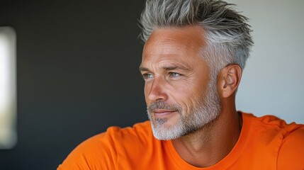 Obraz premium A man with thin, graying hair watches in shock as his youthful reflection smiles back at him.