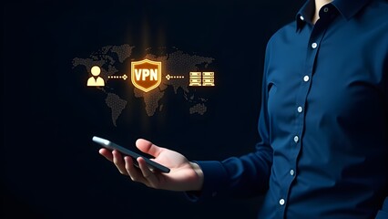 A businessman holding a key appears to interact with a global network concept on a virtual screen, suggesting a connection in the digital world through technology