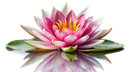 Exquisite Pink Water Lily Flower with Yellow Center and Green Leaves Reflecting on Water