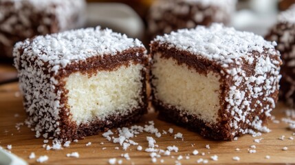 Close-Up View of Cut Lamington Showing Soft Cake and Coconut Topping