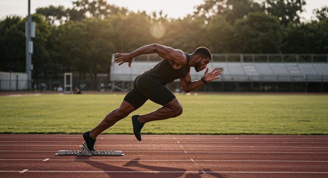 African American sprinter performing high intensity circuit training on outdoor racetrack showcasing athletic speed power endurance and professional determination
