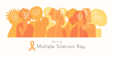 World Multiple Sclerosis Day banner template. Ribbon and silhouettes of people head. Treatment and prevention. Medicine and health concept with ribbon in flat style.