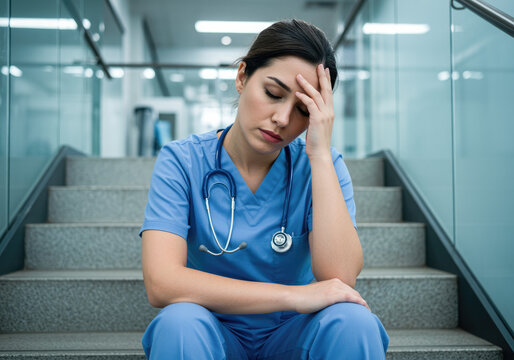 Young female nurse in scrubs sits on hospital stairs, eyes closed and hand on forehead, symbolizing emotional exhaustion and workplace burnout in healthcare. 