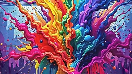 vibrant dynamic scene filled swirling colorful streams of paint bursting outward creating visual effect. background showcases cityscape silhouette adding depth contrast to vivid abstract... - Powered by Adobe