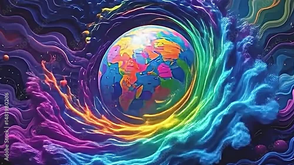 Fototapete vibrant surreal scene swirling colorful patterns resembling flowing liquid. at center globe depicted
