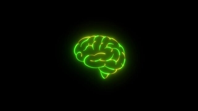 glowing neon human brain icon animation on black background. brain concept neon line .Futuristic human brain concept. 