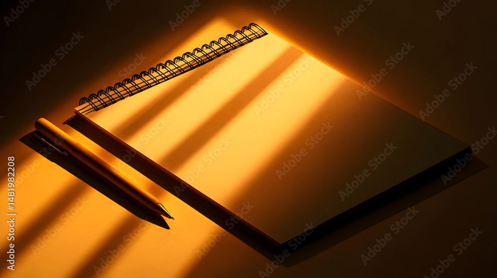 Poster a simple notebook and pencil rest gently in a pool of warm light. a perfect scene for starting new i