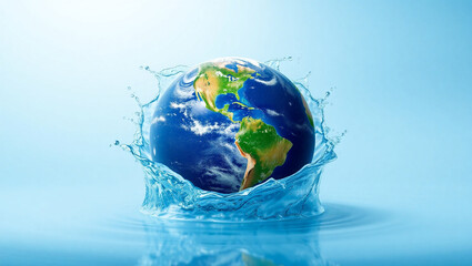 World Oceans Day, A surreal and clean digital artwork of Earth emerging from a splash of water.