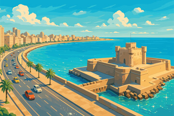 Fototapeta premium Alexandria Panorama with Corniche and Harbor Fort