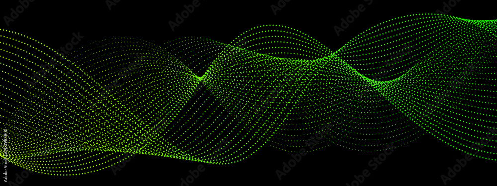 Fototapete Abstract background design with wavy line pattern in bright green & black background. Green technology sound wave flow concept. Green particle wave of Network connection Cybernetics in Dark Background