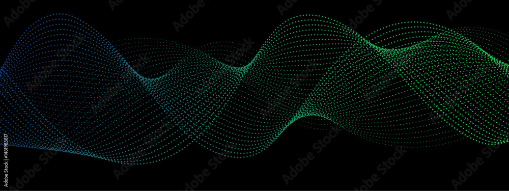Poster Abstract background design with wavy line pattern in bright green & black background. Green technology sound wave flow concept. Green particle wave of Network connection Cybernetics in Dark Background