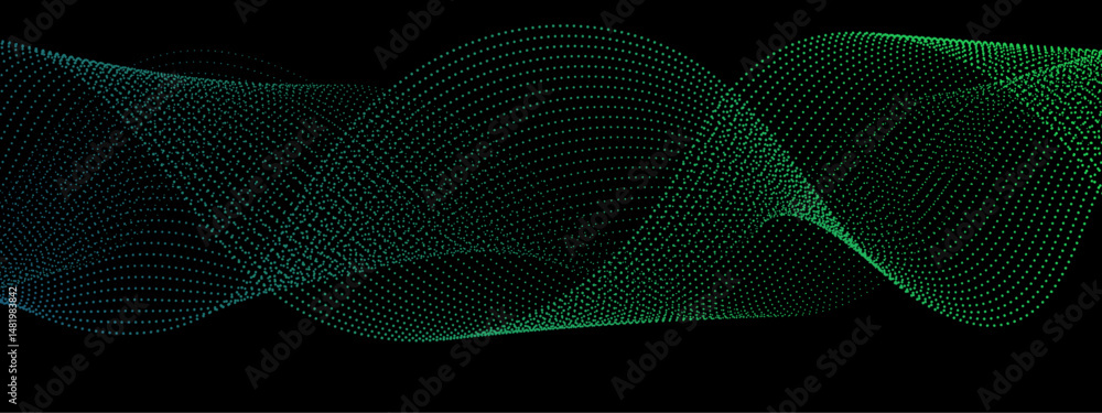 Fototapete Abstract background design with wavy line pattern in bright green & black background. Green technology sound wave flow concept. Green particle wave of Network connection Cybernetics in Dark Background