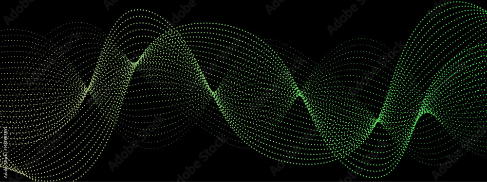 Fototapete Abstract background design with wavy line pattern in bright green & black background. Green technology sound wave flow concept. Green particle wave of Network connection Cybernetics in Dark Background