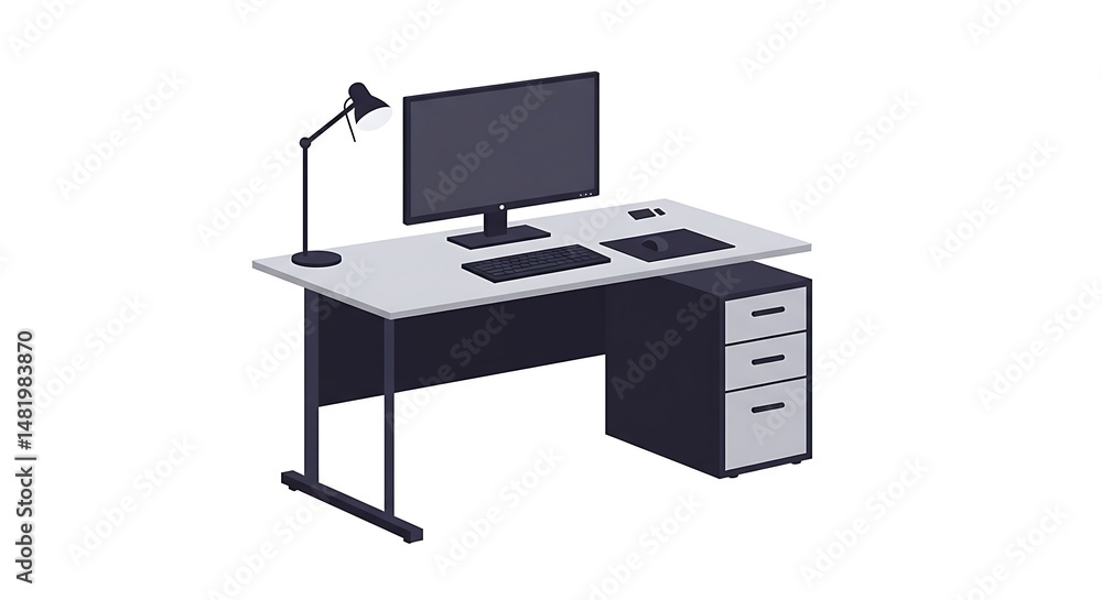 Poster workstation with computer desk and lamp, flat design