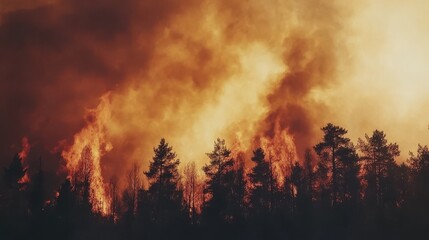 Fototapeta premium Fiery Forest Inferno Dramatic Wildfire Burning Trees Orange Sky Intense Blaze Nature Disaster