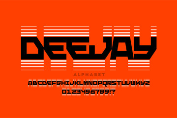 Deejay. Music style font, alphabet letters and numbers vector illustration