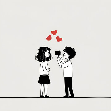 girl and boy Sweet Cartoon Couple Illustration &ndash; Boy Taking Photo of Girl with Hearts, Minimalist Art