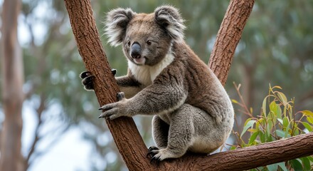 Koala Climbing Tree Branch in Natural Habitat Wildlife
