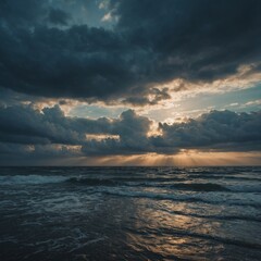 Obraz premium Golden light painted the ocean horizon during both sunrise and sunset, contrasting with the dark, stormy clouds over the sea