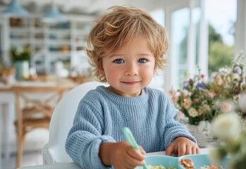A cute little child is sitting at the table, eating colorful food with bright colors and holding an empty plate in their hand